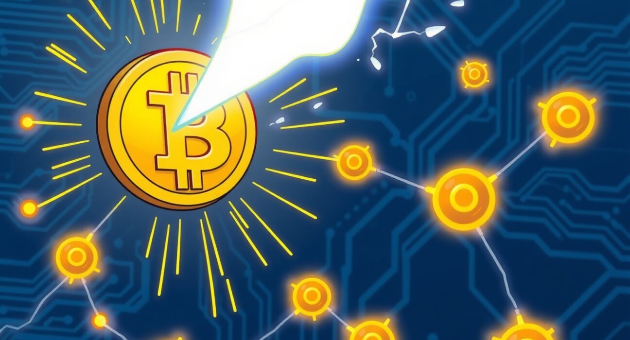 A vibrant cartoon illustration showing the remarkable surge in Bitcoin Lightning Network capacity as a powerful lightning bolt energizes the network.