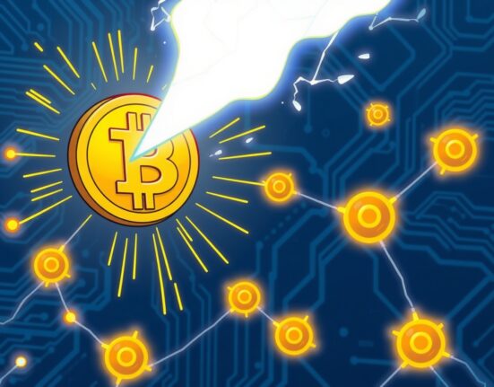 A vibrant cartoon illustration showing the remarkable surge in Bitcoin Lightning Network capacity as a powerful lightning bolt energizes the network.