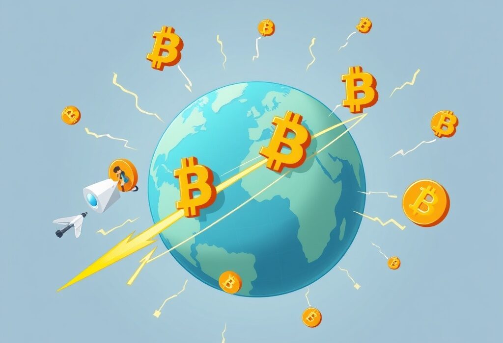 A cartoon illustration showing Bitcoin Lightning enabling fast, global remittances, highlighting fintech innovation.