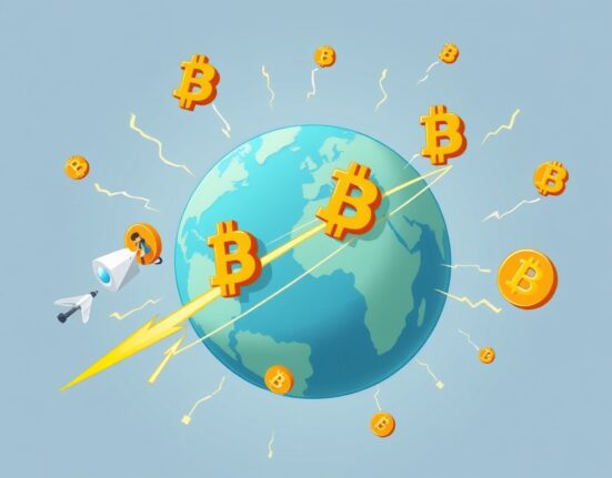A cartoon illustration showing Bitcoin Lightning enabling fast, global remittances, highlighting fintech innovation.