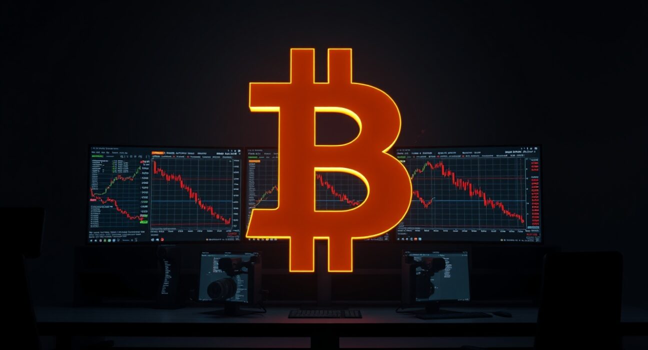 Bitcoin symbol over trading desk illustrating the risk of major market liquidations.
