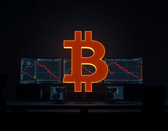 Bitcoin symbol over trading desk illustrating the risk of major market liquidations.