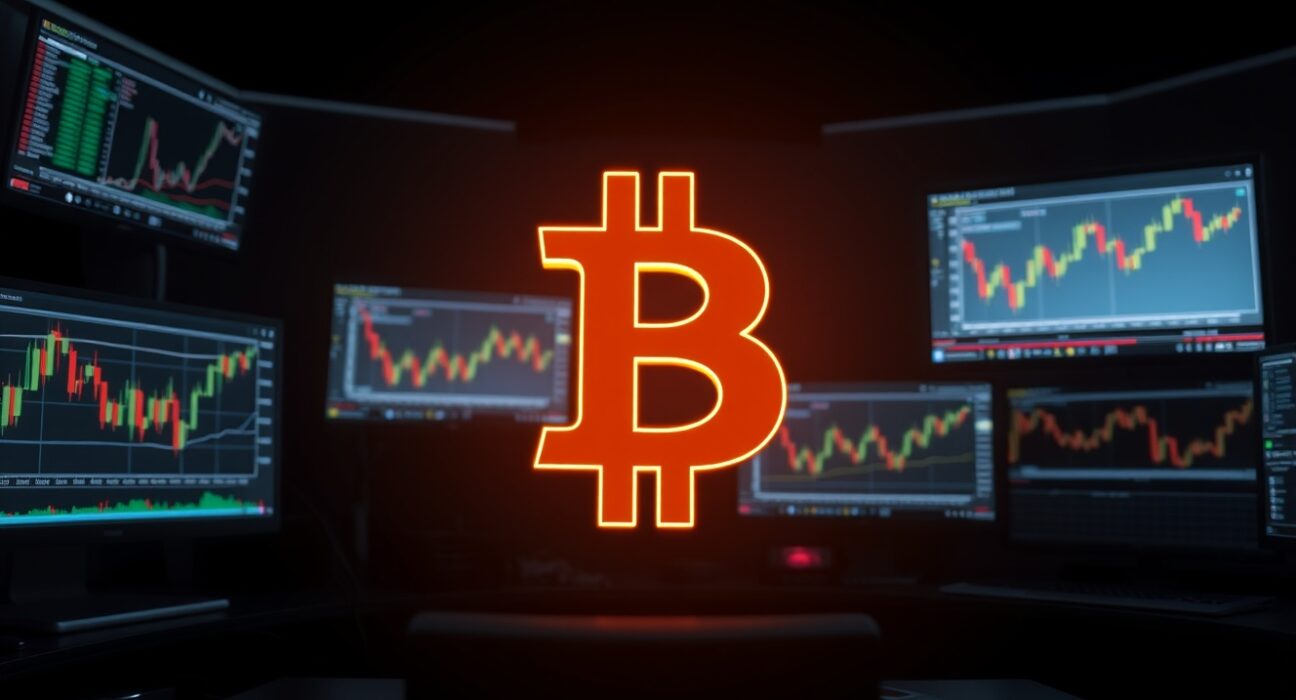 Bitcoin symbol on a professional trading desk with liquidation data on monitors