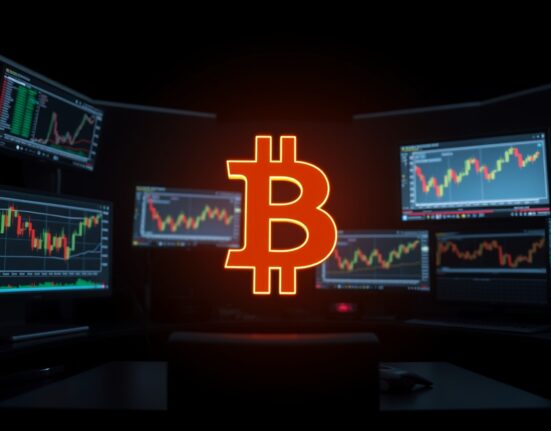 Bitcoin symbol on a professional trading desk with liquidation data on monitors