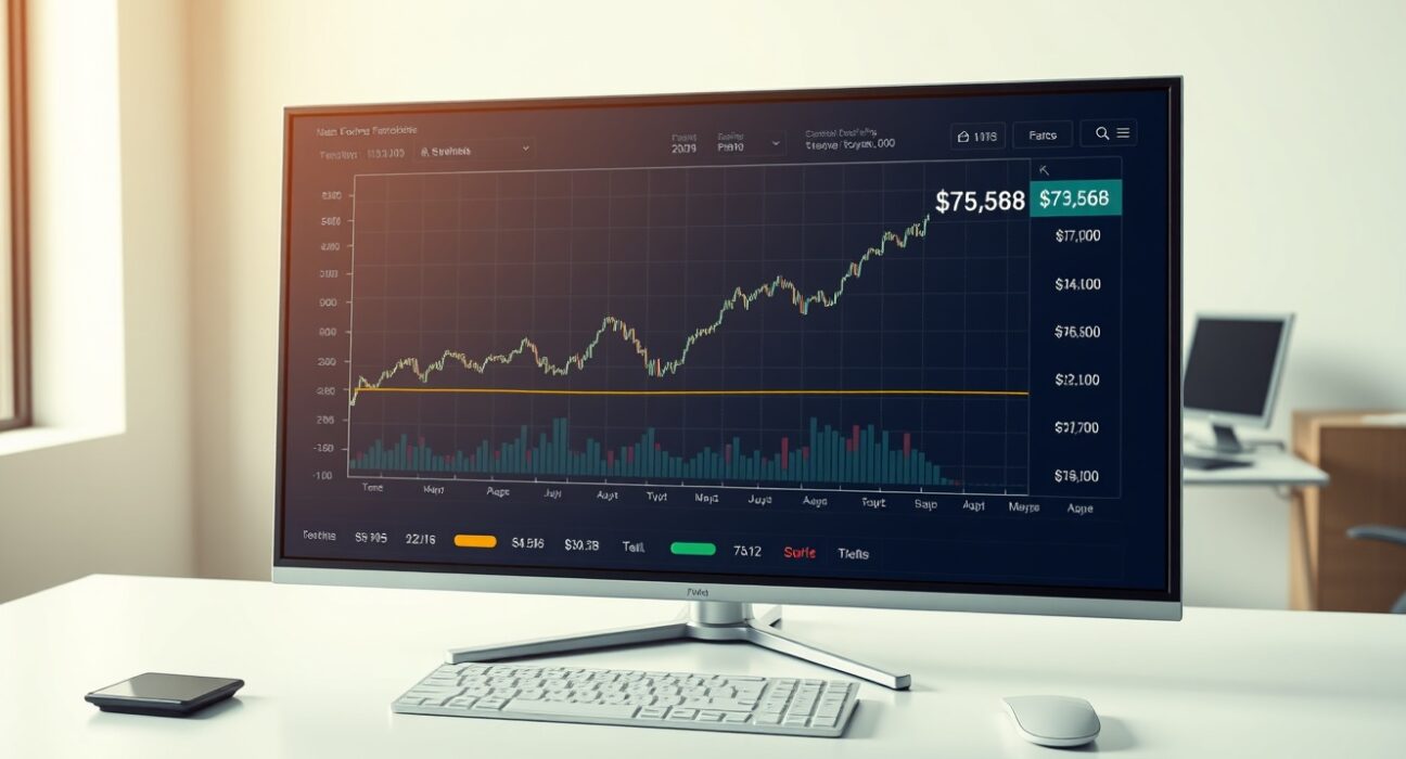 Bitcoin price chart approaching the critical $73,568 liquidation threshold on a financial dashboard.