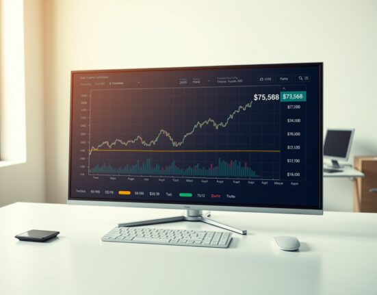 Bitcoin price chart approaching the critical $73,568 liquidation threshold on a financial dashboard.