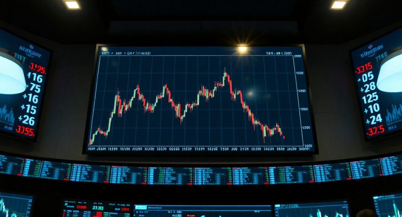 Bitcoin chart with sharp red decline on trading floor monitors
