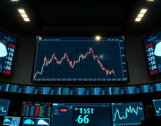 Bitcoin chart with sharp red decline on trading floor monitors