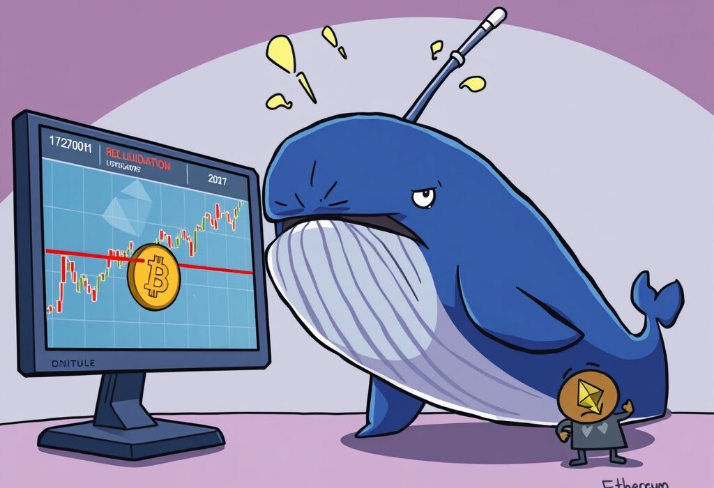 Cartoon illustration depicting a Hyperliquid whale facing Bitcoin liquidation risk on a large BTC short position.