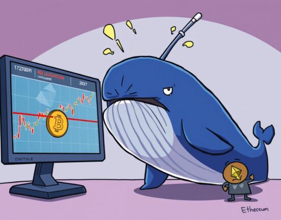 Cartoon illustration depicting a Hyperliquid whale facing Bitcoin liquidation risk on a large BTC short position.