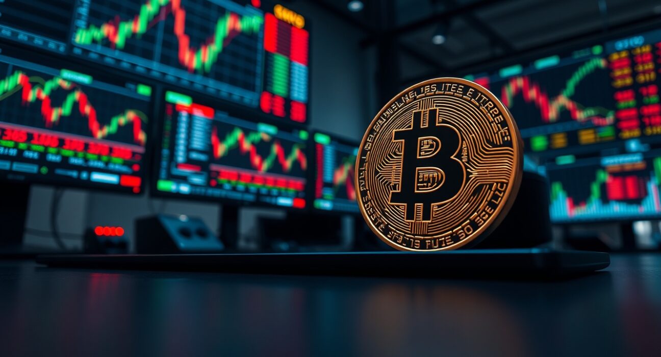 Bitcoin coin on trading desk with monitors showing price charts and liquidation data