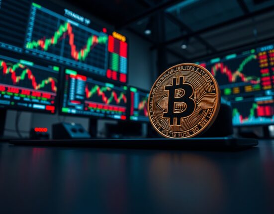 Bitcoin coin on trading desk with monitors showing price charts and liquidation data