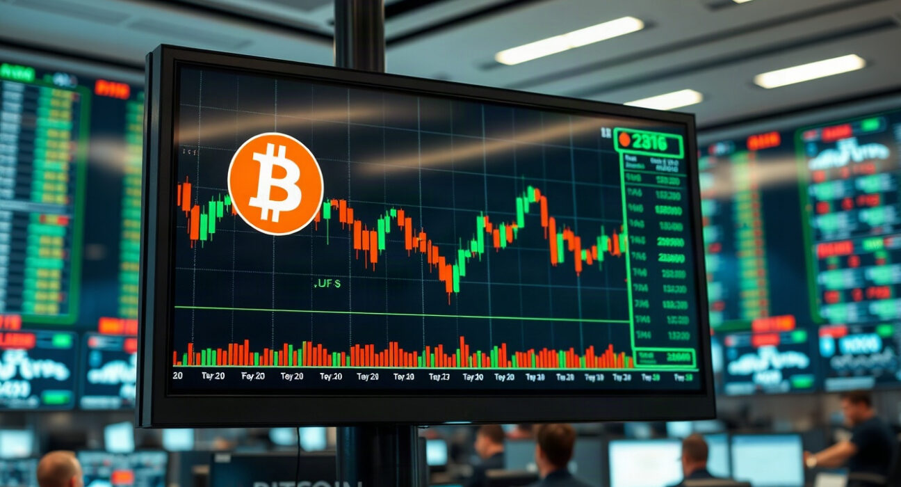 Bitcoin price chart on a trading screen with liquidation levels highlighted