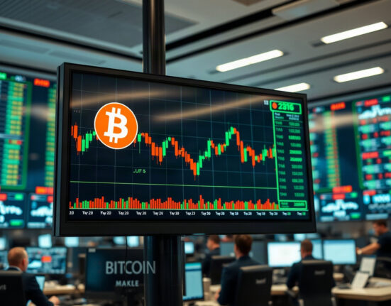 Bitcoin price chart on a trading screen with liquidation levels highlighted