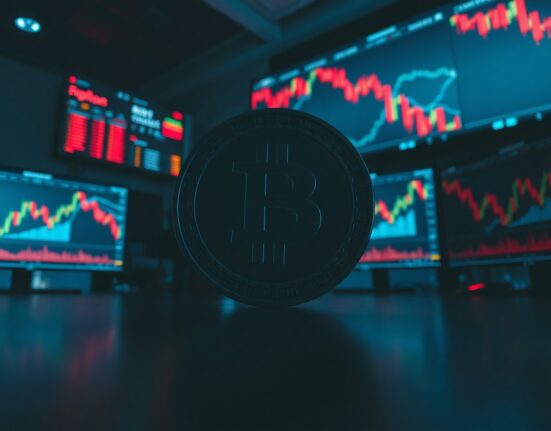Bitcoin coin on trading desk with monitors showing red chart trends indicating market cooling after liquidation
