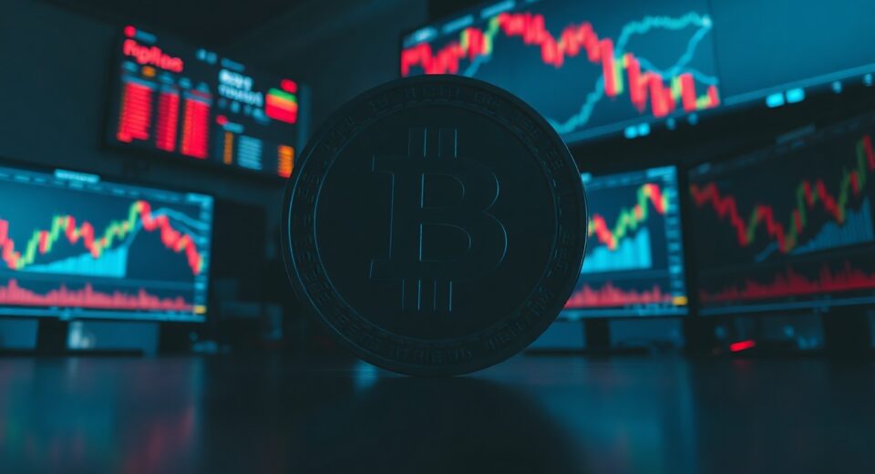Bitcoin coin on trading desk with monitors showing red chart trends indicating market cooling after liquidation