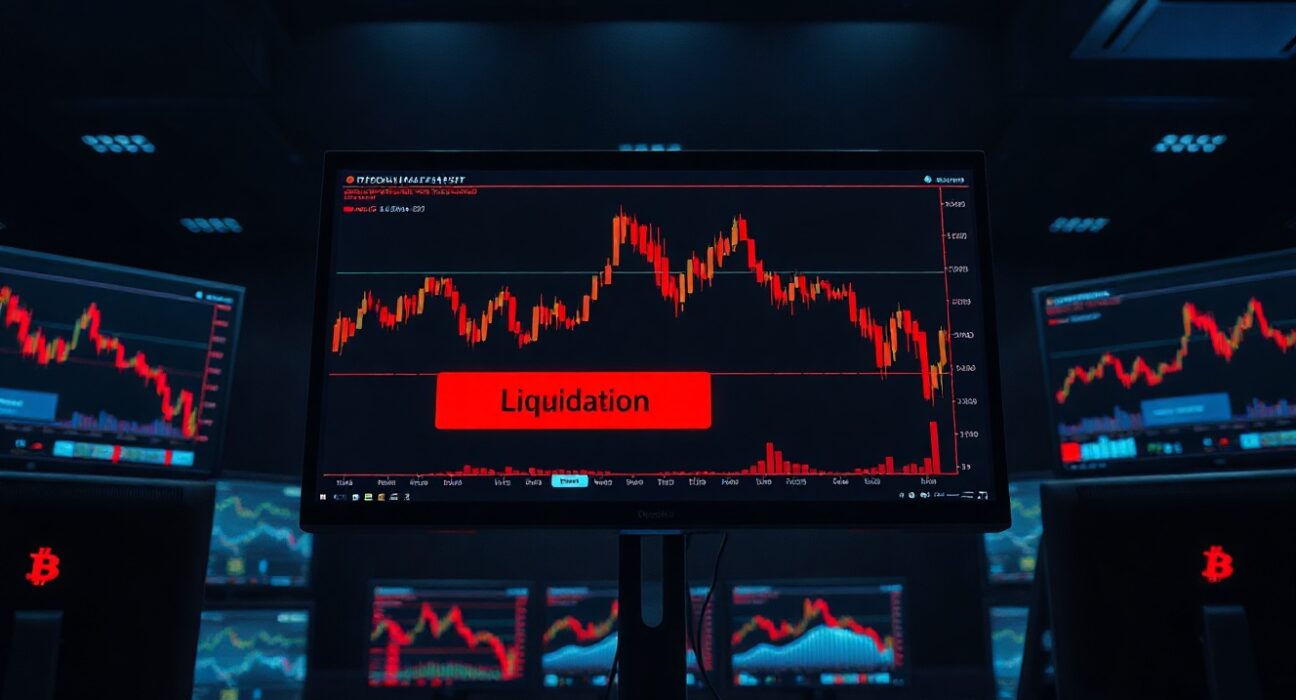 Bitcoin price chart showing decline with liquidation warning on a trading desk monitor