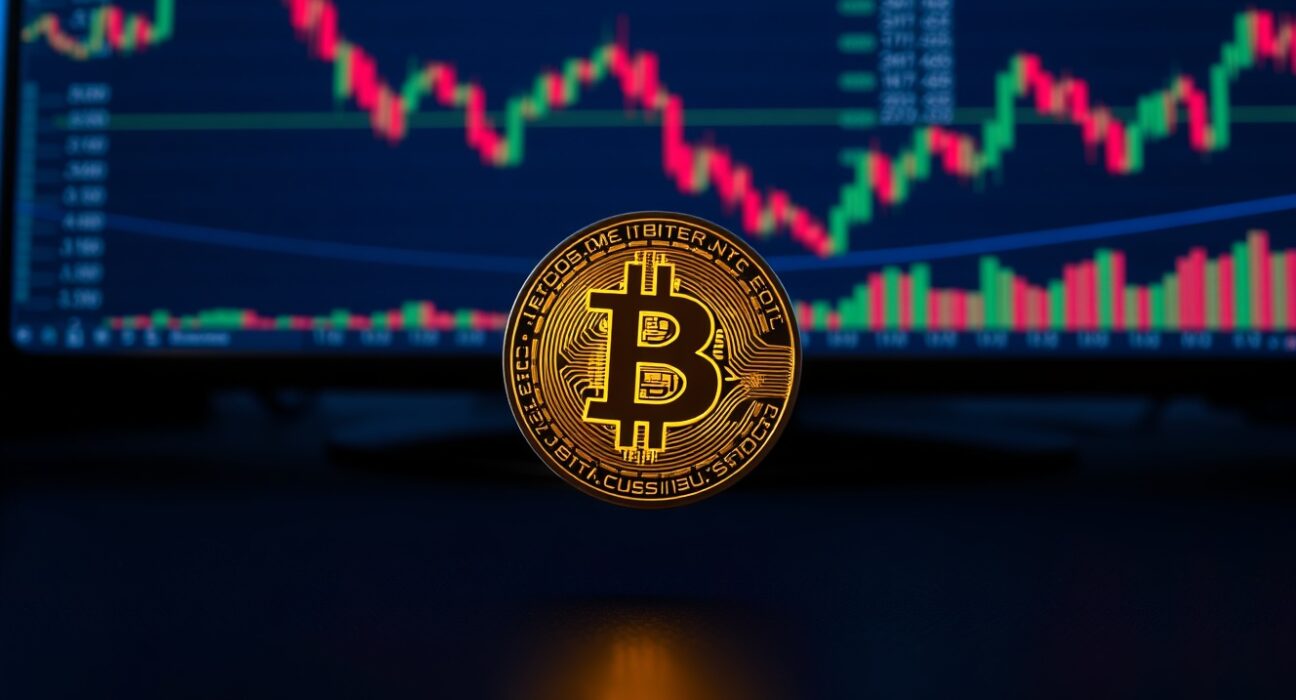 Bitcoin coin on a dark trading desk with blurred candlestick charts in background
