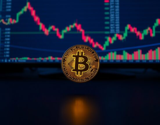 Bitcoin coin on a dark trading desk with blurred candlestick charts in background