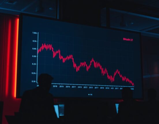 Trading desk with Bitcoin price chart showing critical liquidation levels