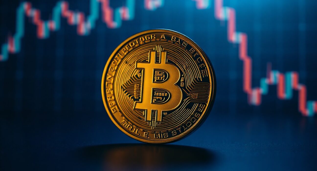 Bitcoin coin symbol on dark background with grid lines representing market liquidation risk levels.