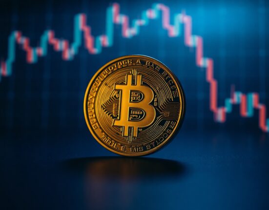 Bitcoin coin symbol on dark background with grid lines representing market liquidation risk levels.