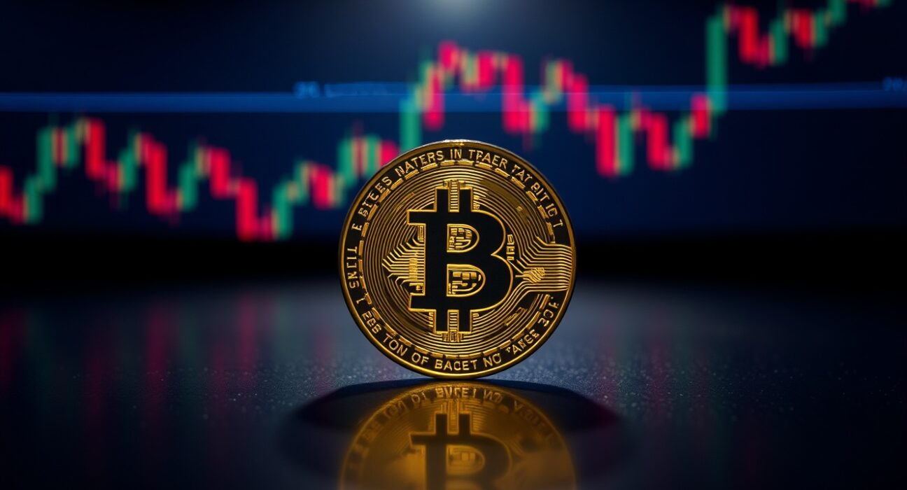 Bitcoin coin on reflective surface with trading charts in blurred background