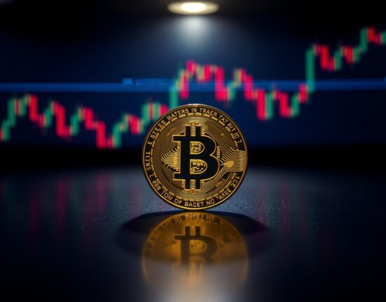 Bitcoin coin on reflective surface with trading charts in blurred background