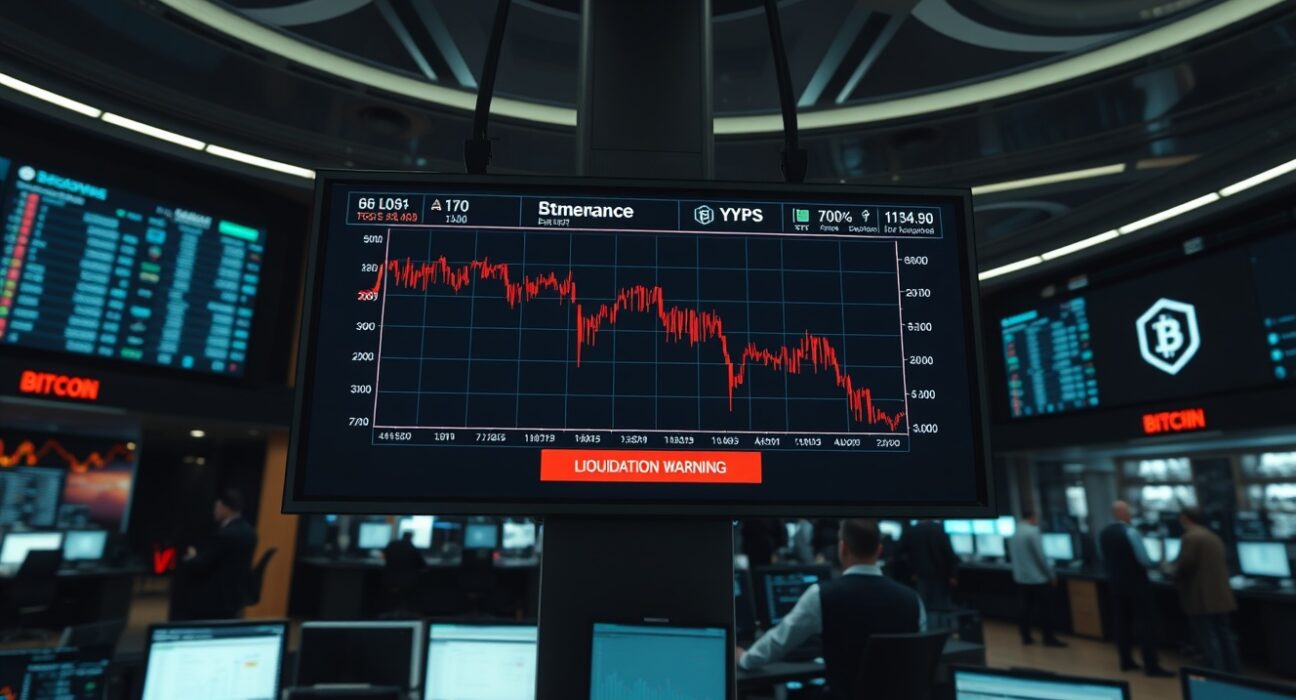 Bitcoin price chart showing liquidation risk on a trading floor display