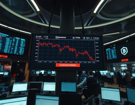 Bitcoin price chart showing liquidation risk on a trading floor display