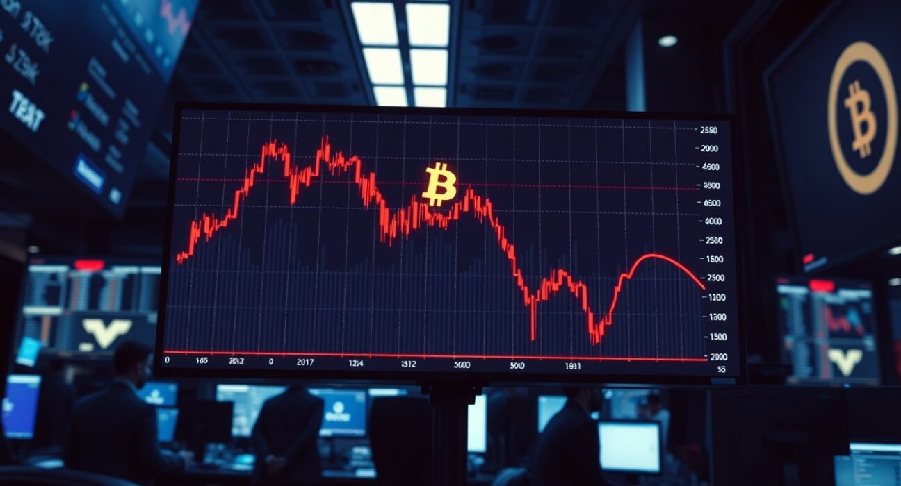 Bitcoin price chart showing downward trend on a trading floor display, indicating market volatility and liquidation risk.