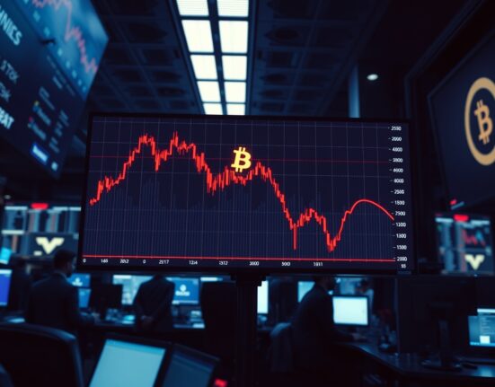 Bitcoin price chart showing downward trend on a trading floor display, indicating market volatility and liquidation risk.