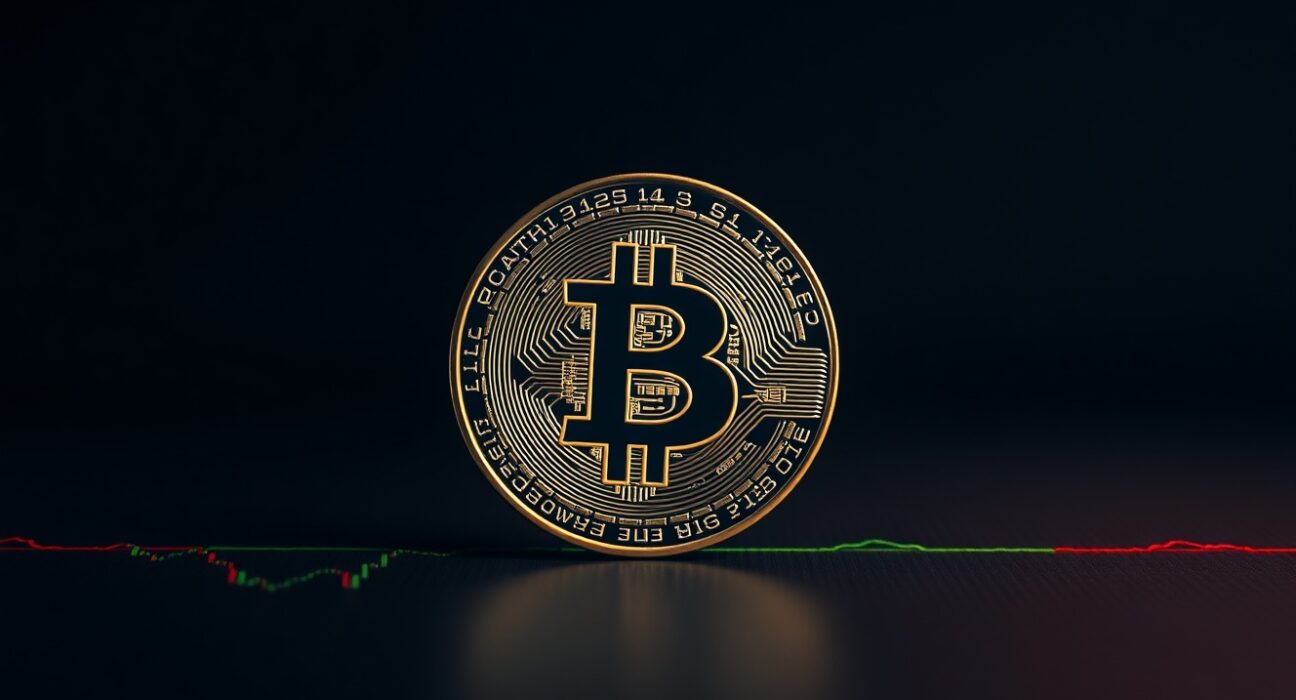 Bitcoin coin symbol on dark background with red and green liquidation level indicators