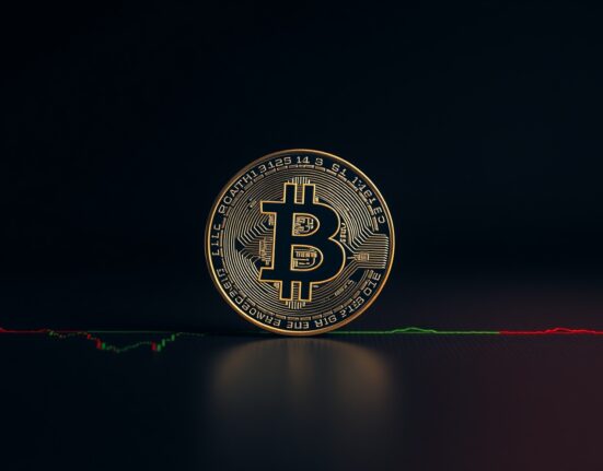 Bitcoin coin symbol on dark background with red and green liquidation level indicators