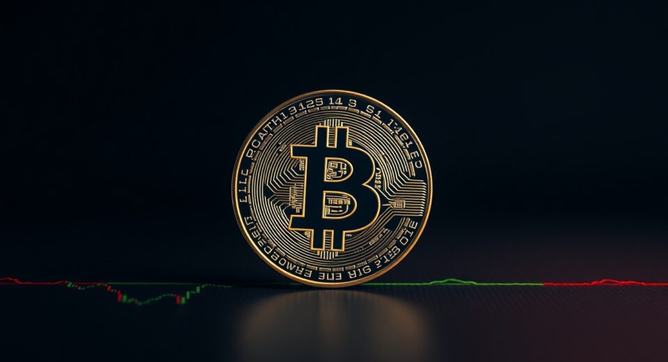 Bitcoin coin symbol on dark background with red and green liquidation level indicators