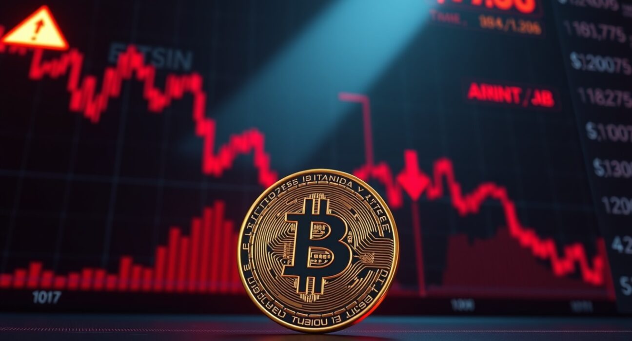 Bitcoin coin on a trading dashboard with red liquidation warnings, representing the risk of $836M in long liquidations if BTC drops below $75,336.