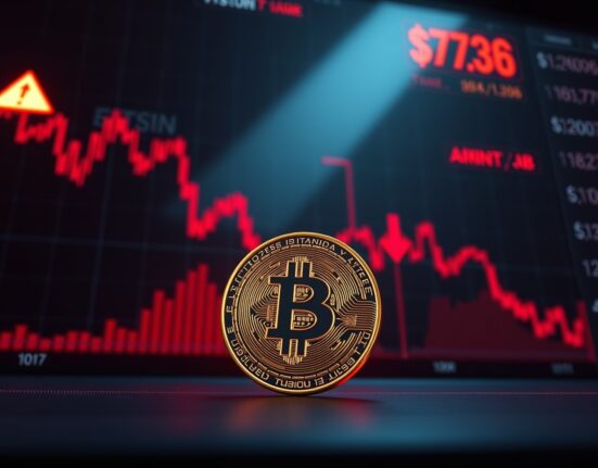 Bitcoin coin on a trading dashboard with red liquidation warnings, representing the risk of $836M in long liquidations if BTC drops below $75,336.