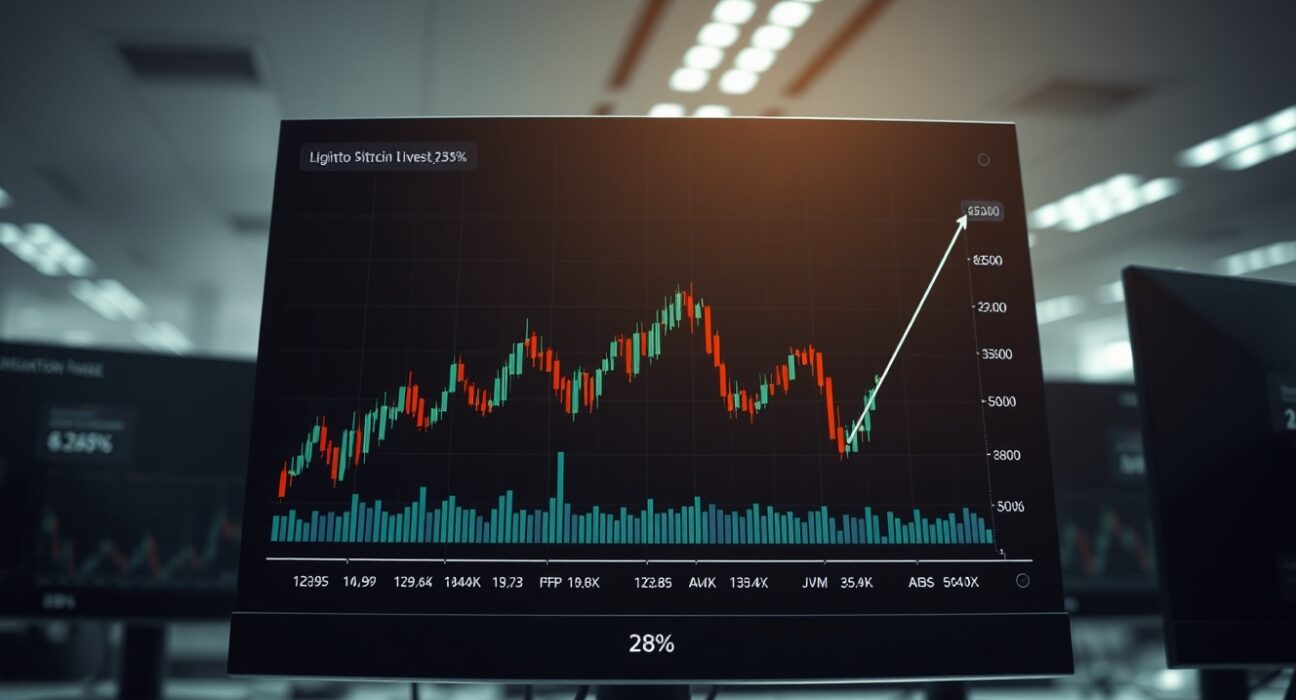 Bitcoin price chart at critical liquidation threshold on a professional trading desk interface.