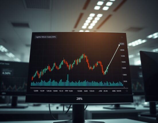 Bitcoin price chart at critical liquidation threshold on a professional trading desk interface.