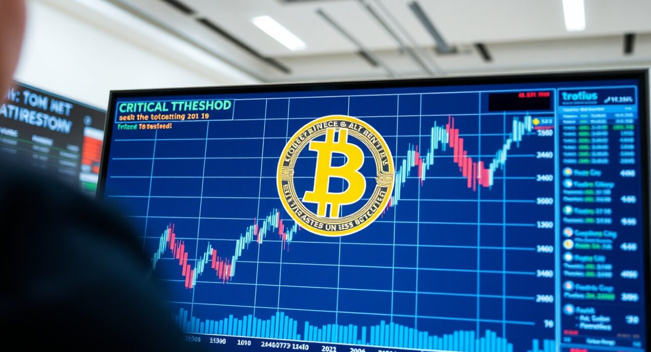 Bitcoin price chart at a critical liquidation threshold for $1.8 billion in short positions.