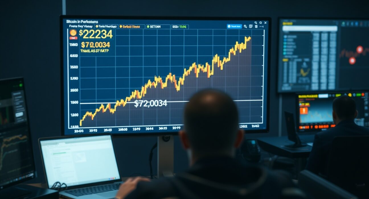 Bitcoin price chart approaching the critical $72,034 liquidation threshold on a trading desk monitor.