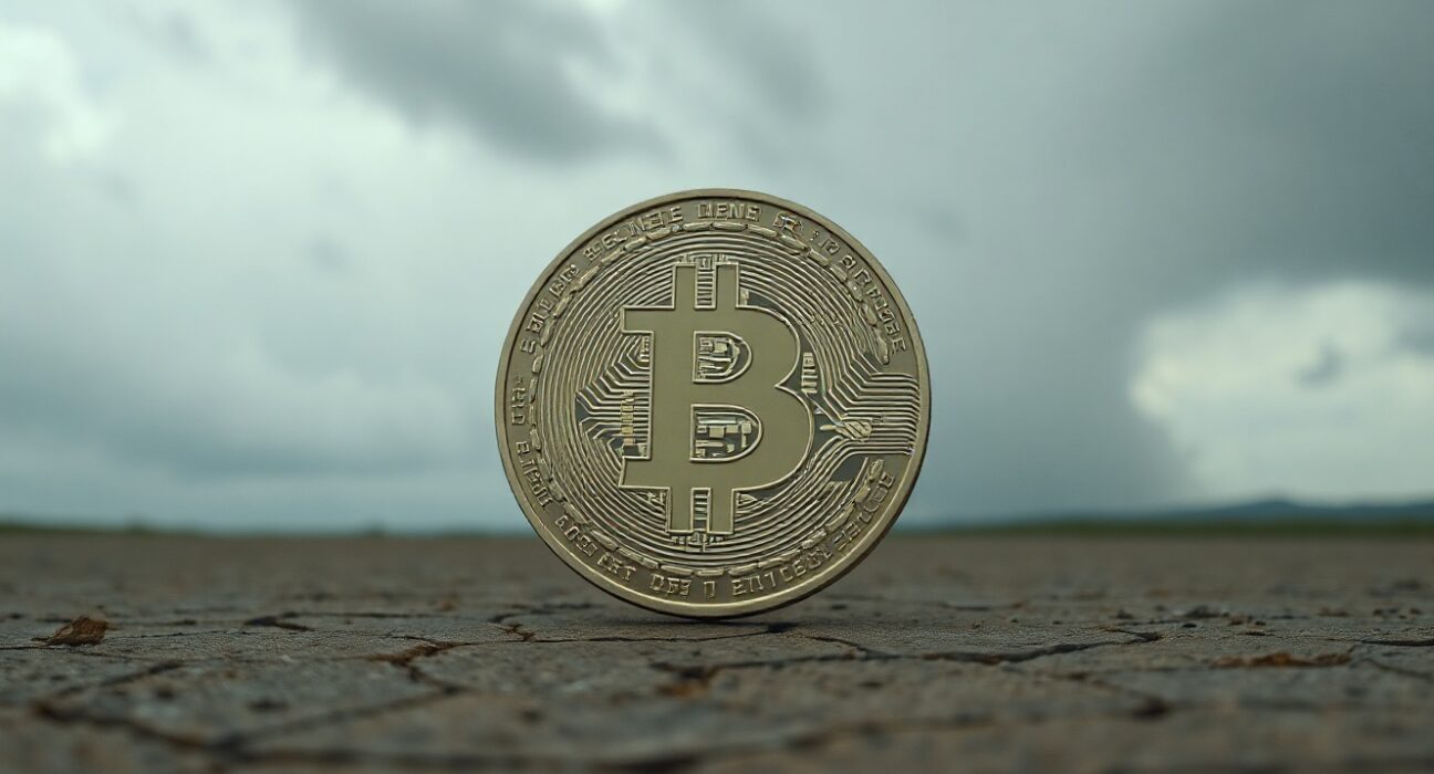 Bitcoin coin on cracked earth under overcast sky, symbolizing market uncertainty and potential volatility.