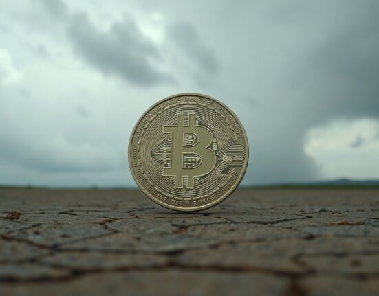 Bitcoin coin on cracked earth under overcast sky, symbolizing market uncertainty and potential volatility.