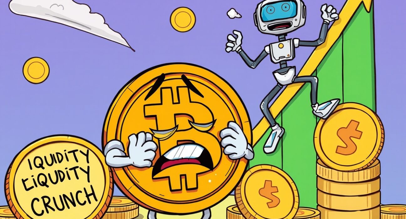Bitcoin liquidity crunch illustrated as cryptocurrency struggling against market pressure while AI stocks rise