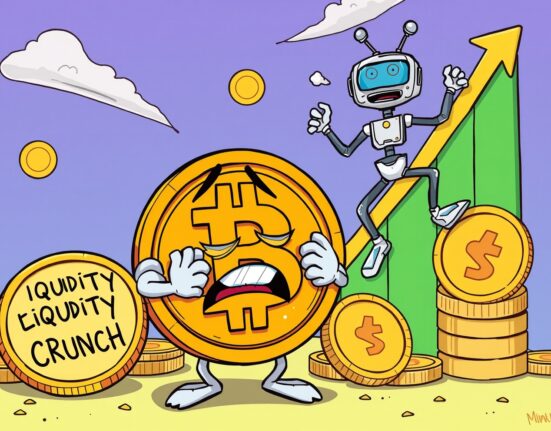 Bitcoin liquidity crunch illustrated as cryptocurrency struggling against market pressure while AI stocks rise