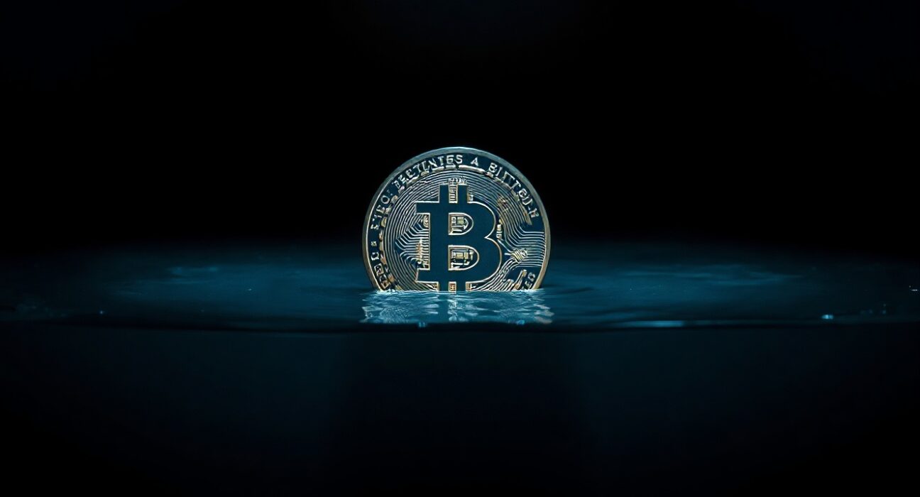 Bitcoin coin partially submerged in receding water symbolizing declining liquidity advantage