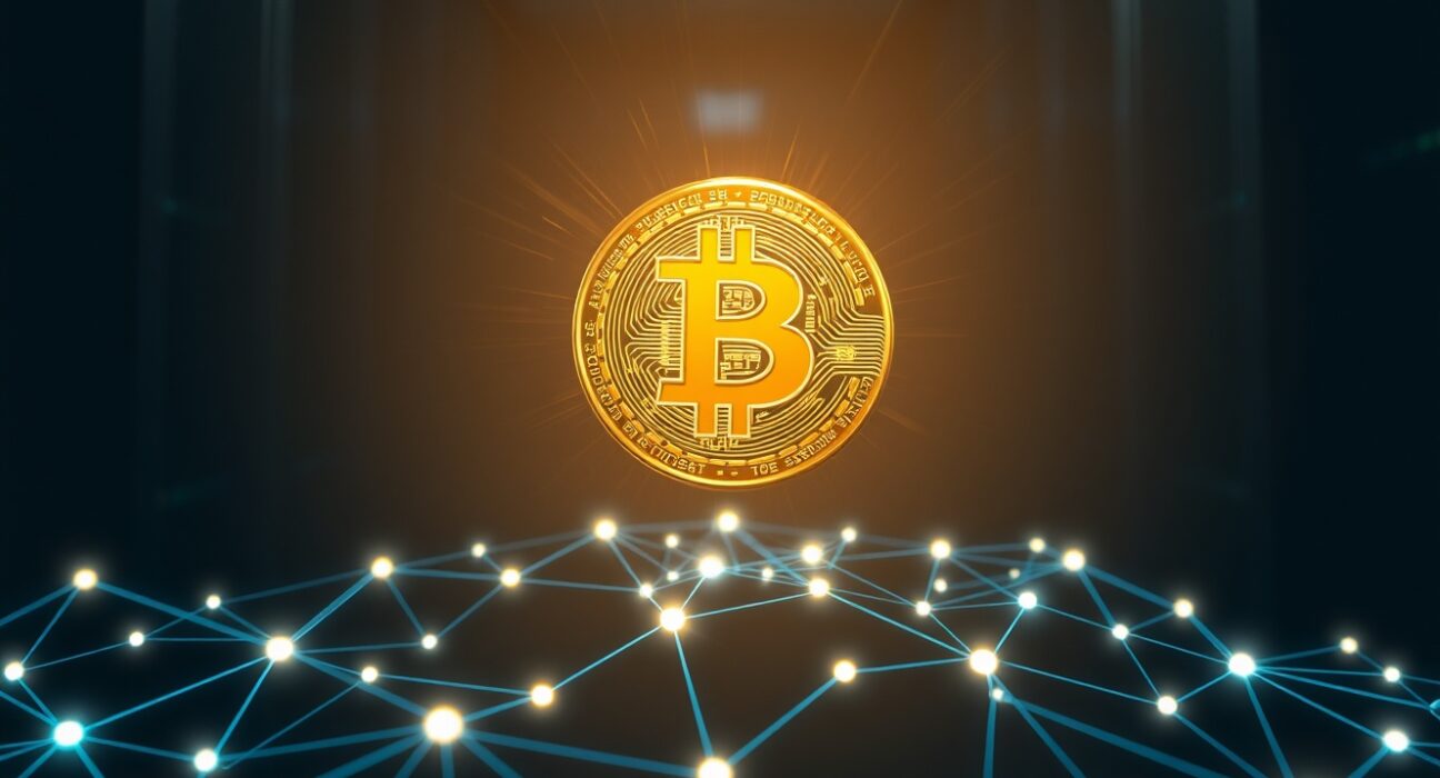 Bitcoin liquidity analysis showing digital token above network graph representing market recovery