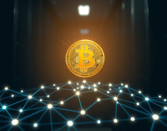 Bitcoin liquidity analysis showing digital token above network graph representing market recovery