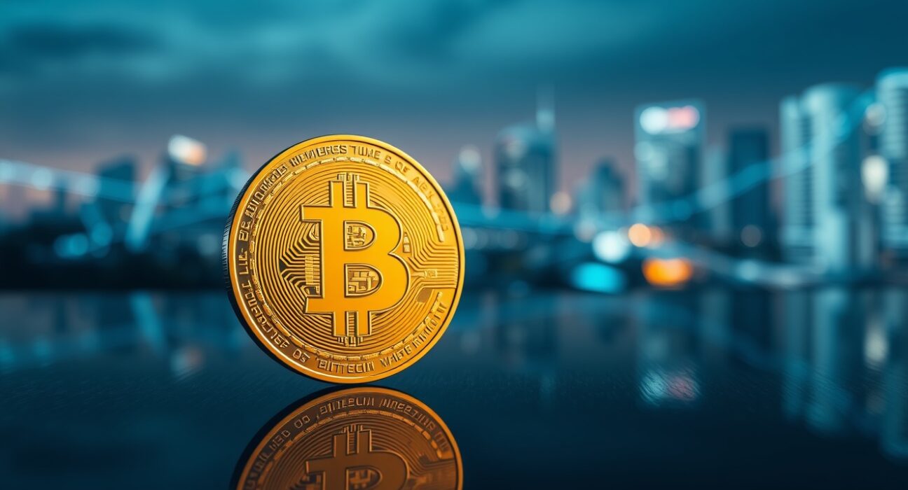 Bitcoin coin on a dark surface with digital data streams in a blurred cityscape background
