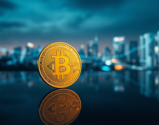 Bitcoin coin on a dark surface with digital data streams in a blurred cityscape background